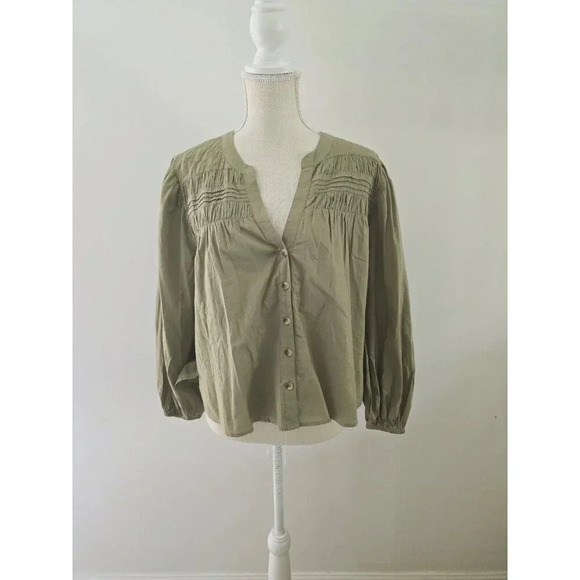 Cleobella River Pintuck Cotton Puff Sleeves Button Up Olive Green Blouse Top S - Picture 3 of 10